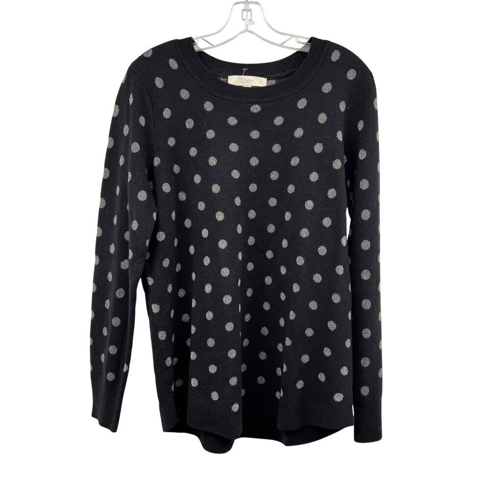 Loft Womens Polka Dot Glitter Sweater Wool Blend Pullover Black/Silver Sz Large